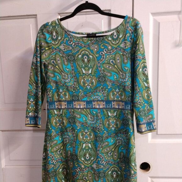 Talbots Dress Colorful Blue Green Paisley Sheath Dress 3/4 sleeve size 10 - Picture 1 of 8